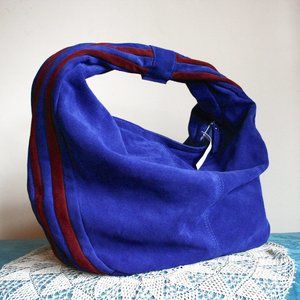 Cobalt Blue & Burgundy Hobo Style Tote Bag Genuine Suede Leather Made In Italy